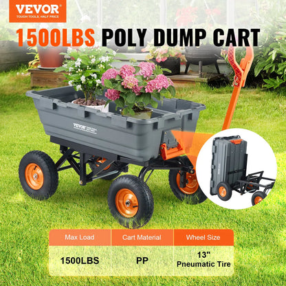 VEVOR Poly Garden Dump Cart with Easy to Assemble Steel Frame, TikTokShopBlackFriday, 2-in-1 Convertible Handle, 13 Inch Tires, Max Capacity 1500 lbs, Utility Wheelbarrow Productivity Yard
