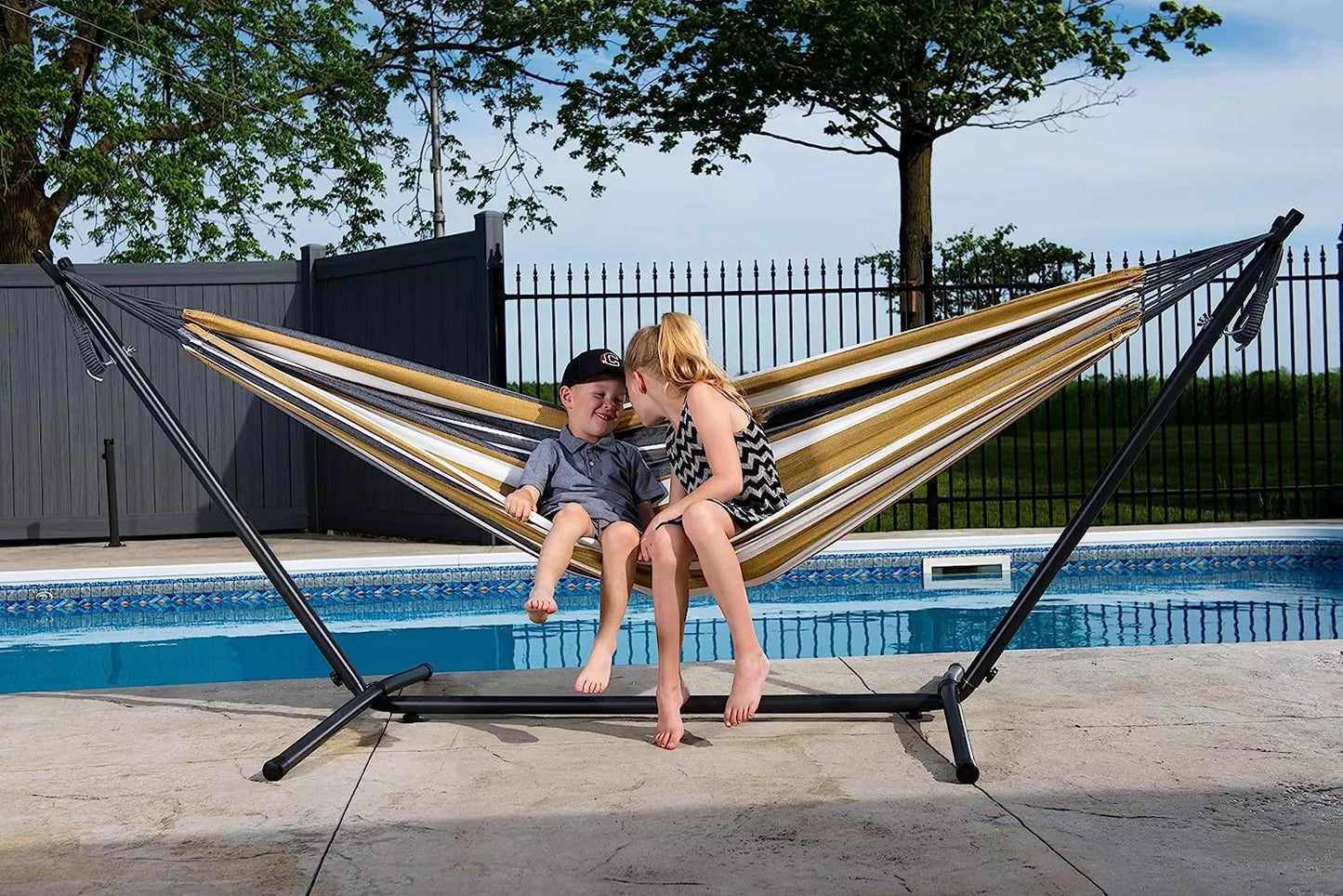 Double Cotton Hammock with Space Saving Steel Stand, Tropical (450 lb Capacity - Premium Carry Bag Included)