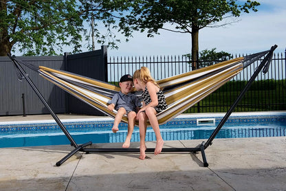 Double Cotton Hammock with Space Saving Steel Stand, Tropical (450 lb Capacity - Premium Carry Bag Included)