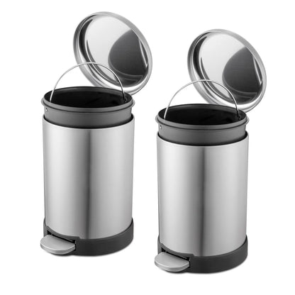 Qualiazero TWO 1.6 Gal Round Step On Trash Cans, Stainless Steel, Twin Pack