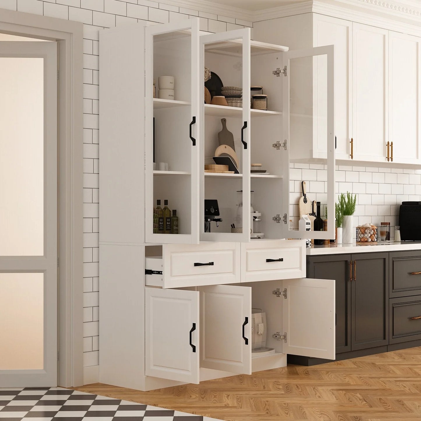 78.7"Modular White Curio Bookcase Cabinet w/Glass Doors Buffet Display