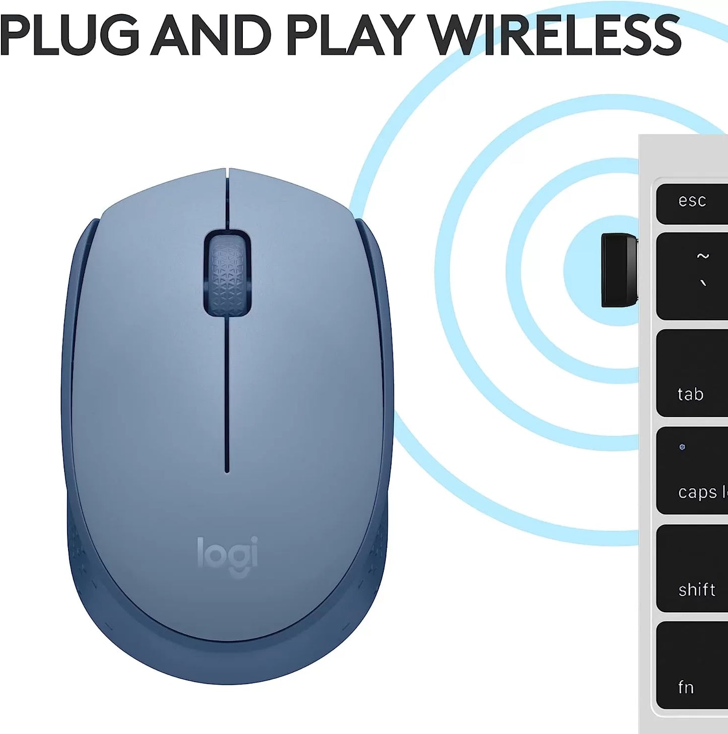 Logitech M170 Wireless Mouse for PC, Mac, Laptop, 2.4 GHz with USB Mini Receiver, Optical Tracking, 12-Months Battery Life, Ambidextrous - Blue Grey