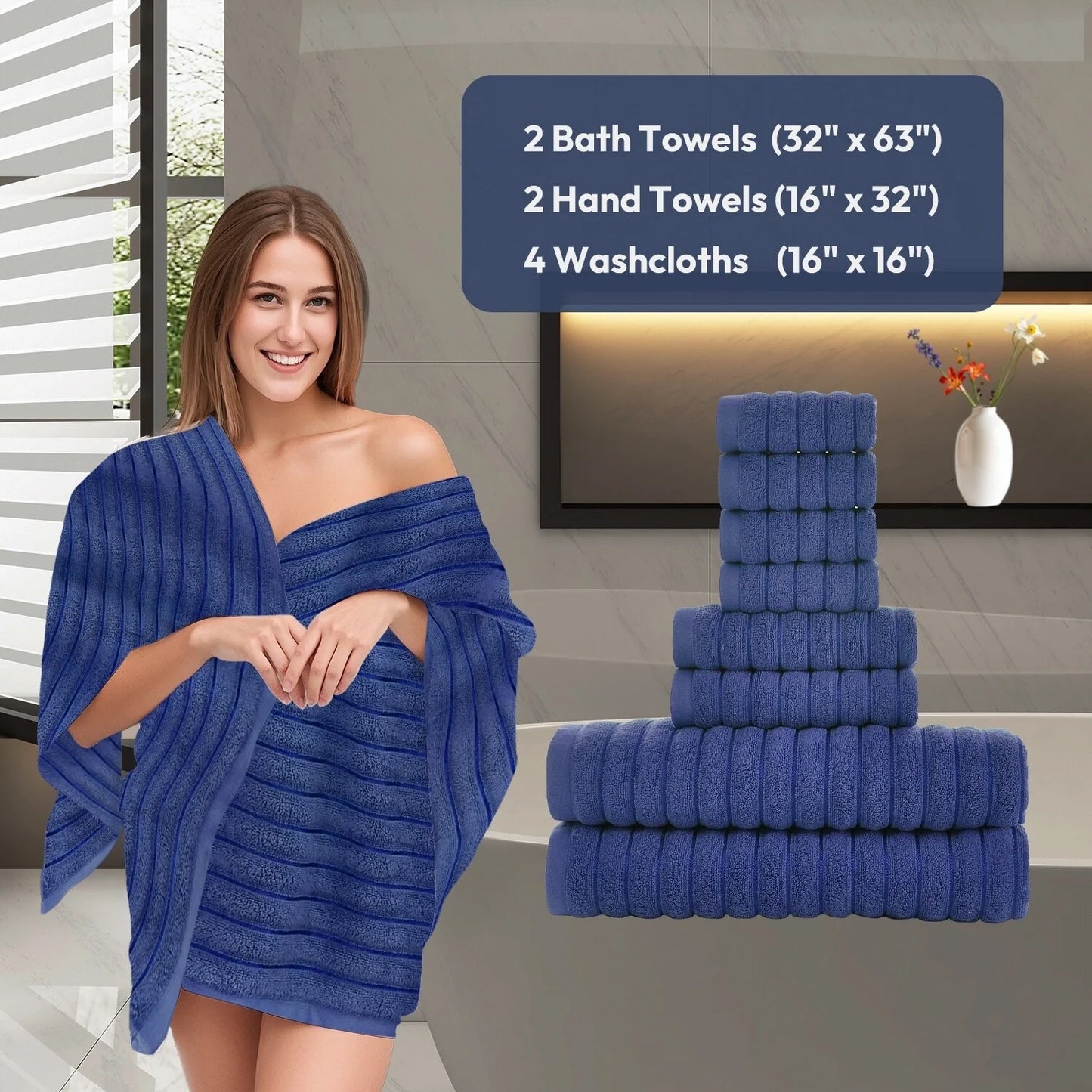 8 Piece Oversized Bath Towel Set, 100% Cotton Bath Towels, Highly Absorbant Bordered Towels