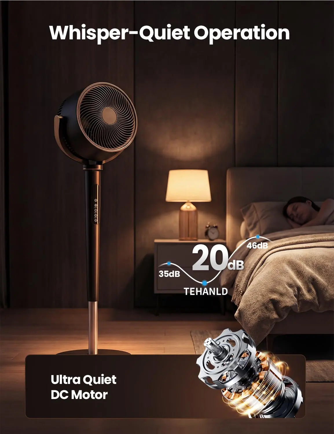 TEHANLD Fan for Bedroom, 120° Oscillating Standing Fans, Quiet Floor Fan with DC Motor, 100ft Pedestal Fans for Room, 16 Speeds, 4 modes, 20dB, 37-45" Adjustable Height, 12H Timer，With ambient lighting