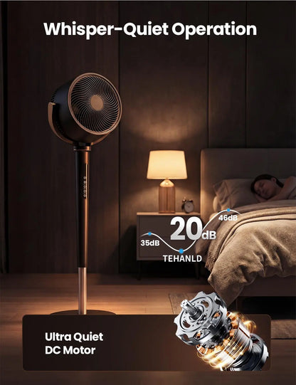 TEHANLD Fan for Bedroom, 120° Oscillating Standing Fans, Quiet Floor Fan with DC Motor, 100ft Pedestal Fans for Room, 16 Speeds, 4 modes, 20dB, 37-45" Adjustable Height, 12H Timer，With ambient lighting