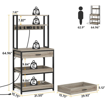 Kitchen Bakers Rack with Power Outlets, High Utility Storage Shelves Microwave Stand with Drawers