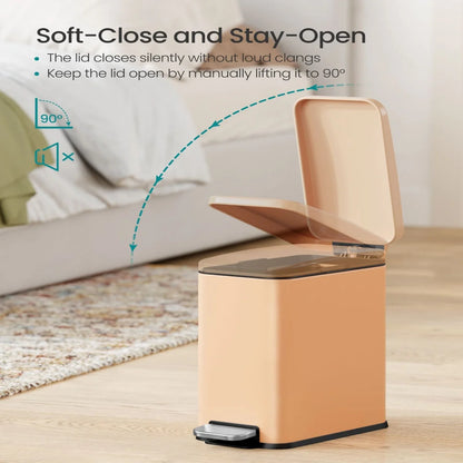 Stainless Steel Slim Bathroom Trash Can with Soft-Close Lid and Plastic Removable Inner Bucket