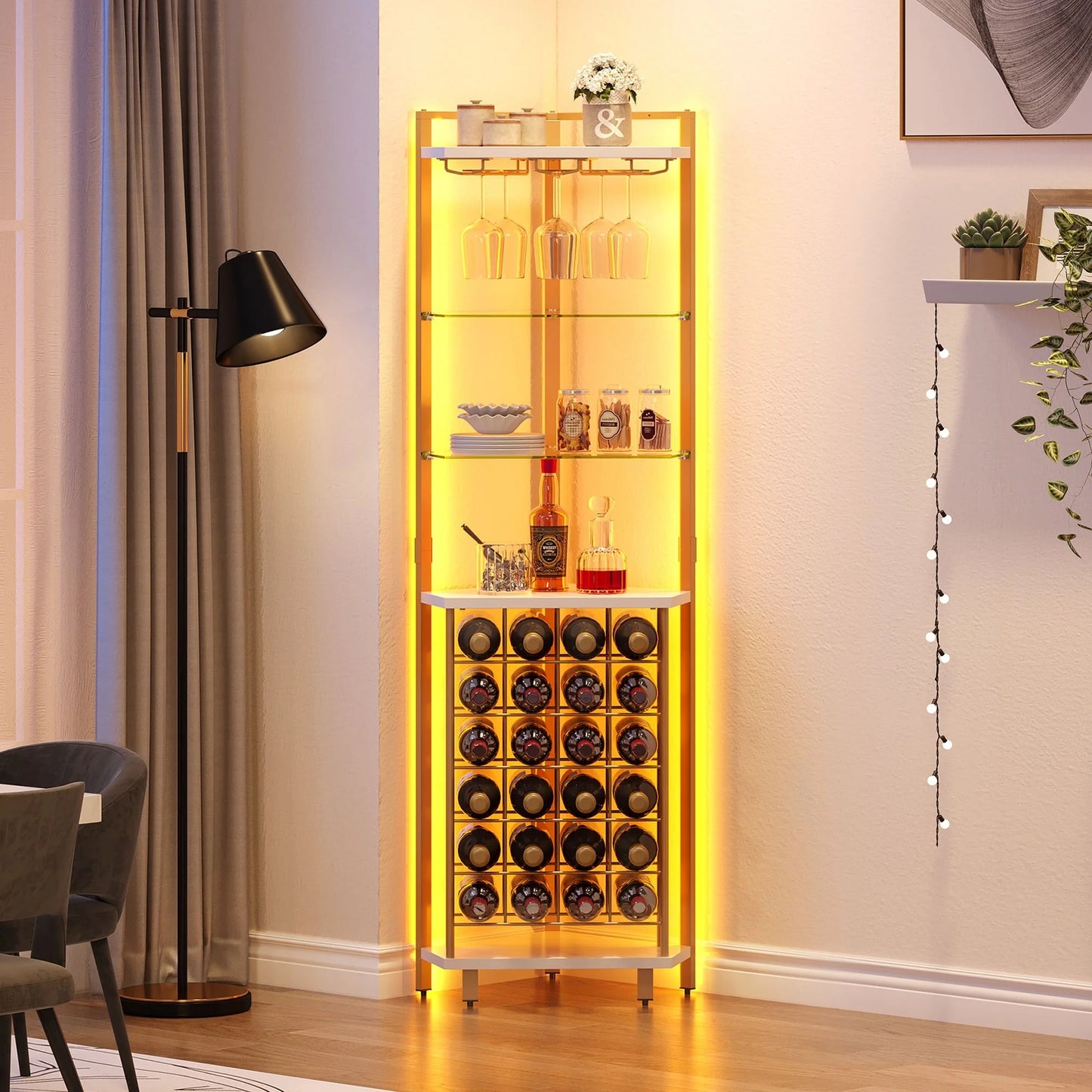 Moasis 4-Tier Corner Wine Rack Bar Storage with Glass Holder and Shelves