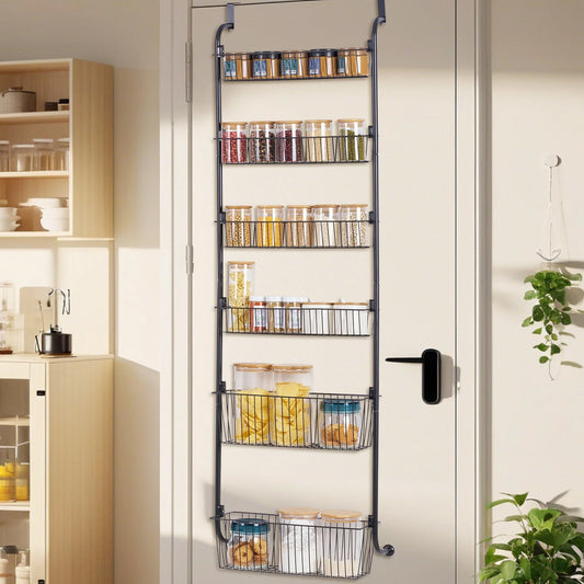 6-Tier Over the Door Pantry Organizer, Metal Pantry Organization and Storage with 6 Baskets, Heavy-Duty Back of Door Spice Rack