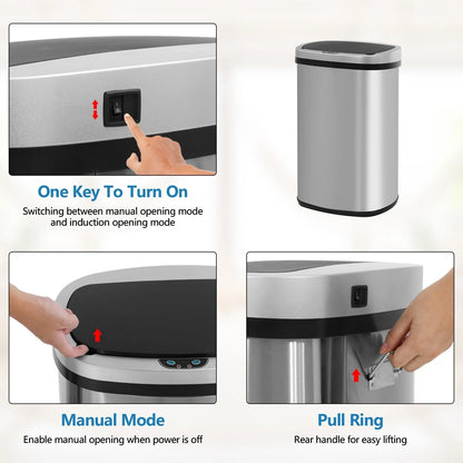 Motion Sensor 13 Gallon 50 Liter Stainless Steel Odorless Slim Trash Can by Furniture of America