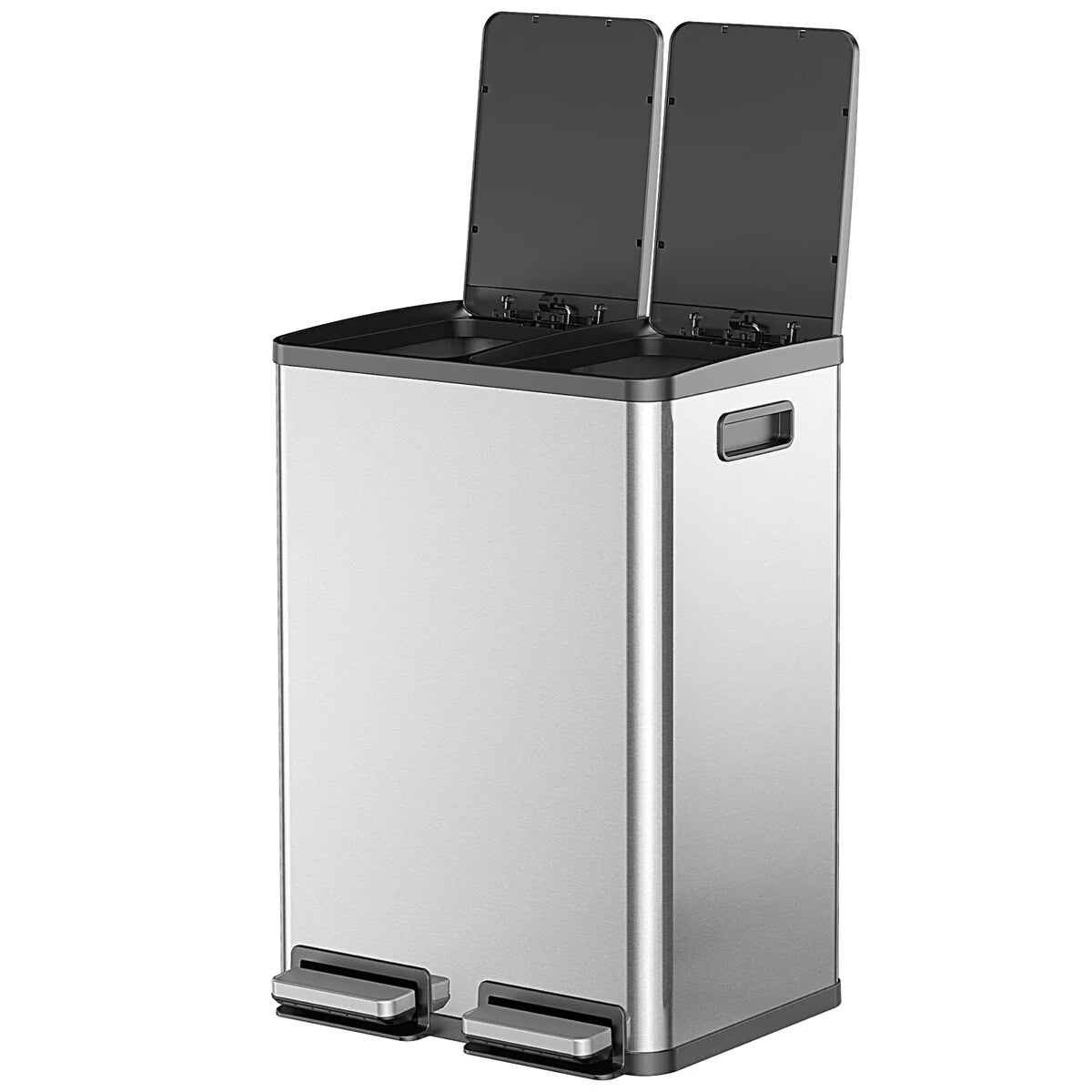 Large 60 Liter Stainless Steel Trash Can, Dual Compartment Plastic Inner Bucket (2 x 8 Gallon)
