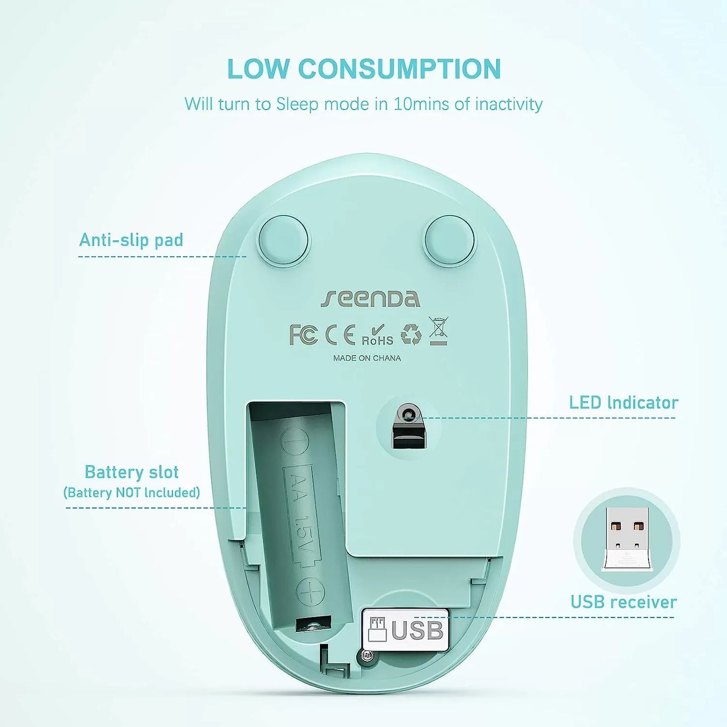 seenda Wireless Mouse, 2.4G Noiseless Mouse with USB Receiver - Portable Computer Mice for PC, Tablet, Laptop with Windows System - Mint Green