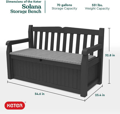 Keter Solana 70 Gallon Storage Bench Deck Box for Patio Furniture, Front Porch Decor and Outdoor Seating – Perfect to Store Garden Tools and Pool Toys,Brown/Brown