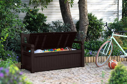 Keter Solana 70 Gallon Storage Bench Deck Box for Patio Furniture, Front Porch Decor and Outdoor Seating – Perfect to Store Garden Tools and Pool Toys,Brown/Brown