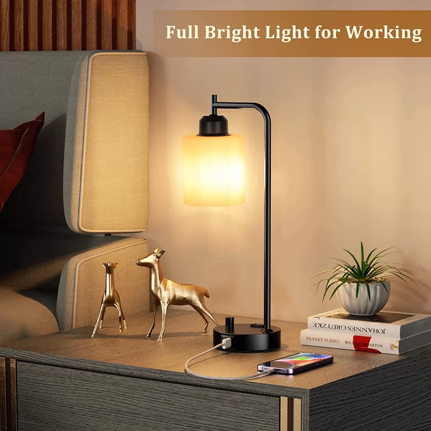 Industrial Bedside Table Lamp for Bedroom - Nightstand Lamps with USB C Charging Port, Fully Dimmable Black Lamps with USB Ports and Outlets, Small Desk Lamp with Glass Shade for Office Living Room