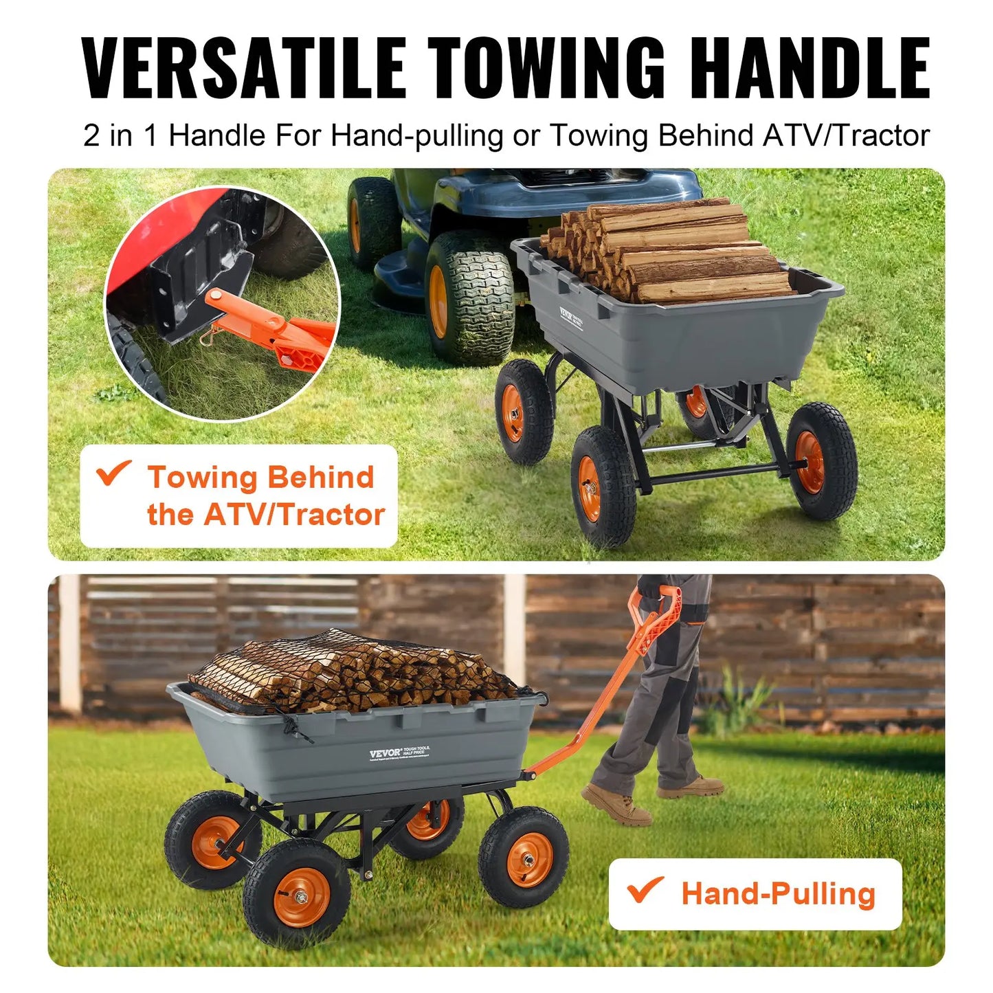 VEVOR Poly Garden Dump Cart with Easy to Assemble Steel Frame, TikTokShopBlackFriday, 2-in-1 Convertible Handle, 13 Inch Tires, Max Capacity 1500 lbs, Utility Wheelbarrow Productivity Yard