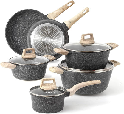 CAROTE ICE 35pcs Pots and Pans Set, Nonstick Cookware Sets, White Granite Induction Cookware with Kitchen Knife Set