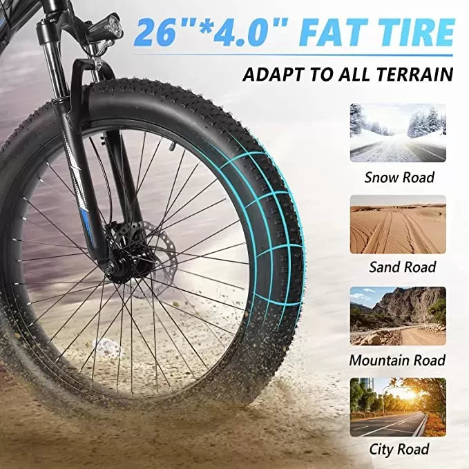 26"x4" Fat Tire Ebike Electric Bicycle, 500W 48V 13AH Removable Battery, 20MPH Electric Mountain Bike Snow Beach E-Bike Suspension Fork, Shimano 7 Speed