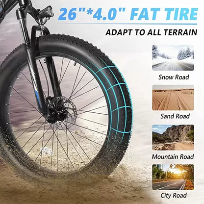 26"x4" Fat Tire Ebike Electric Bicycle, 500W 48V 13AH Removable Battery, 20MPH Electric Mountain Bike Snow Beach E-Bike Suspension Fork, Shimano 7 Speed