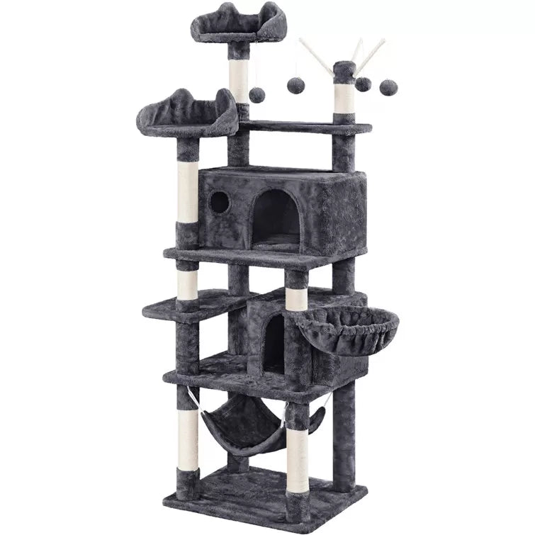 67" H Multi-Level Cat Tree Tower with 2 Cat Condos & Hammock Basket