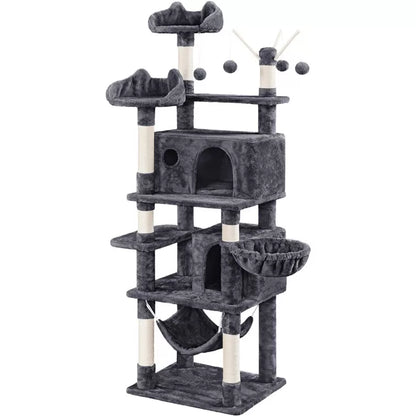 67" H Multi-Level Cat Tree Tower with 2 Cat Condos & Hammock Basket