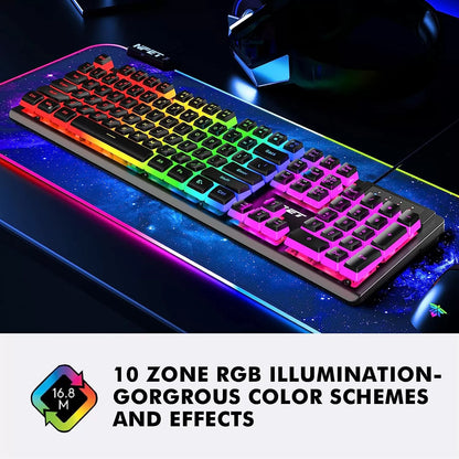 NPET K10 Wired Gaming Keyboard, LED Backlit, Spill-Resistant Design, Multimedia Keys, Quiet Silent USB Membrane Keyboard for Desktop, Computer, PC (Black)