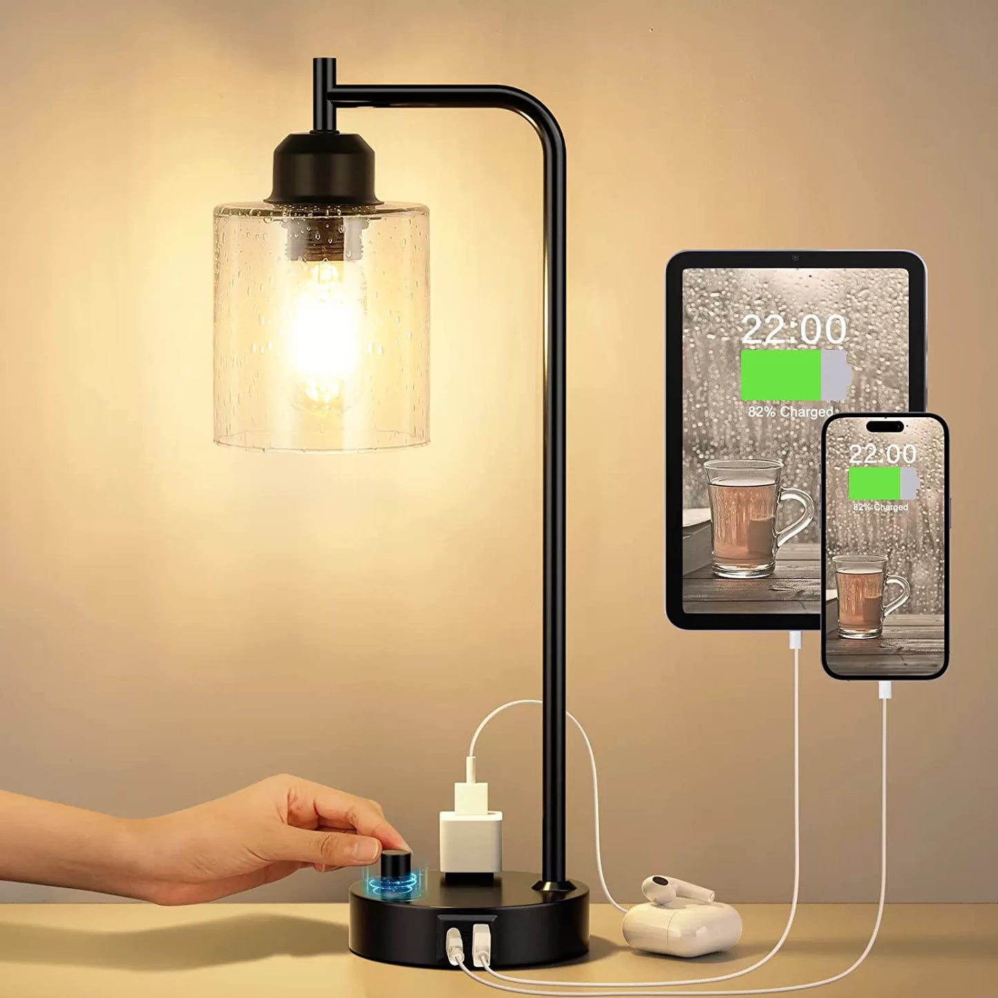 Industrial Bedside Table Lamp for Bedroom - Nightstand Lamps with USB C Charging Port, Fully Dimmable Black Lamps with USB Ports and Outlets, Small Desk Lamp with Glass Shade for Office Living Room