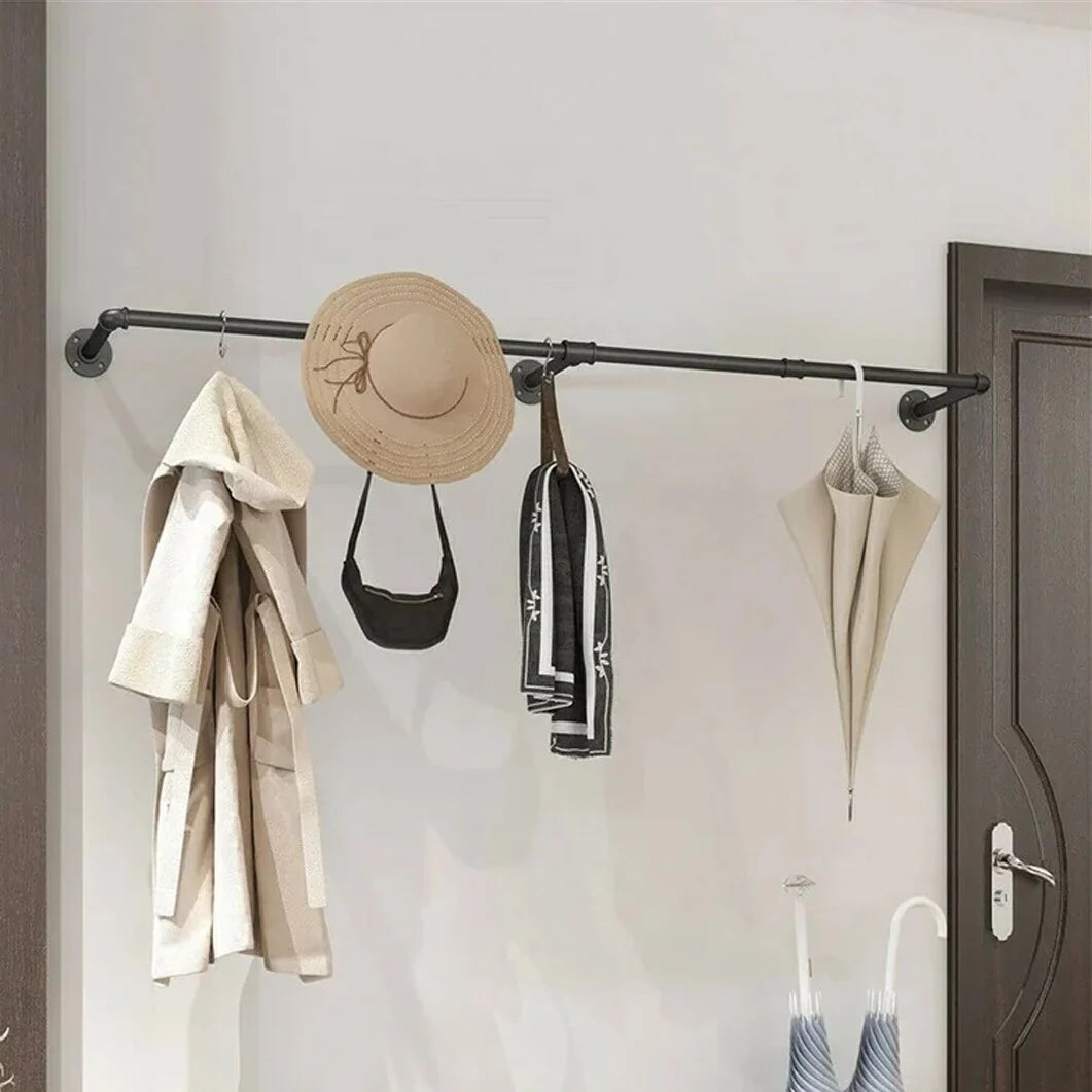 70.87" Long Industrial Pipe Clothes Rack Wall Mounted Hanging Rail