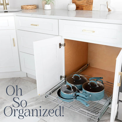 Pull Out Cabinet Drawer Organizer, Heavy Duty- Steel Metal- Chrome Finish