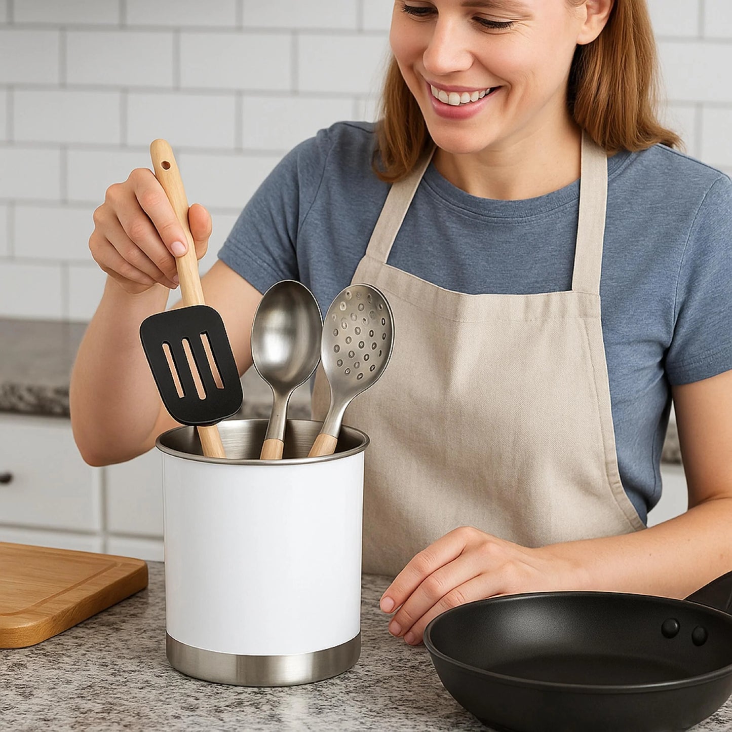 Creative Home Heavy Gauge Stainless Steel Large Tool Crock Utensil Holder Flatware Organizer, White Color