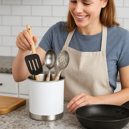Creative Home Heavy Gauge Stainless Steel Large Tool Crock Utensil Holder Flatware Organizer, White Color