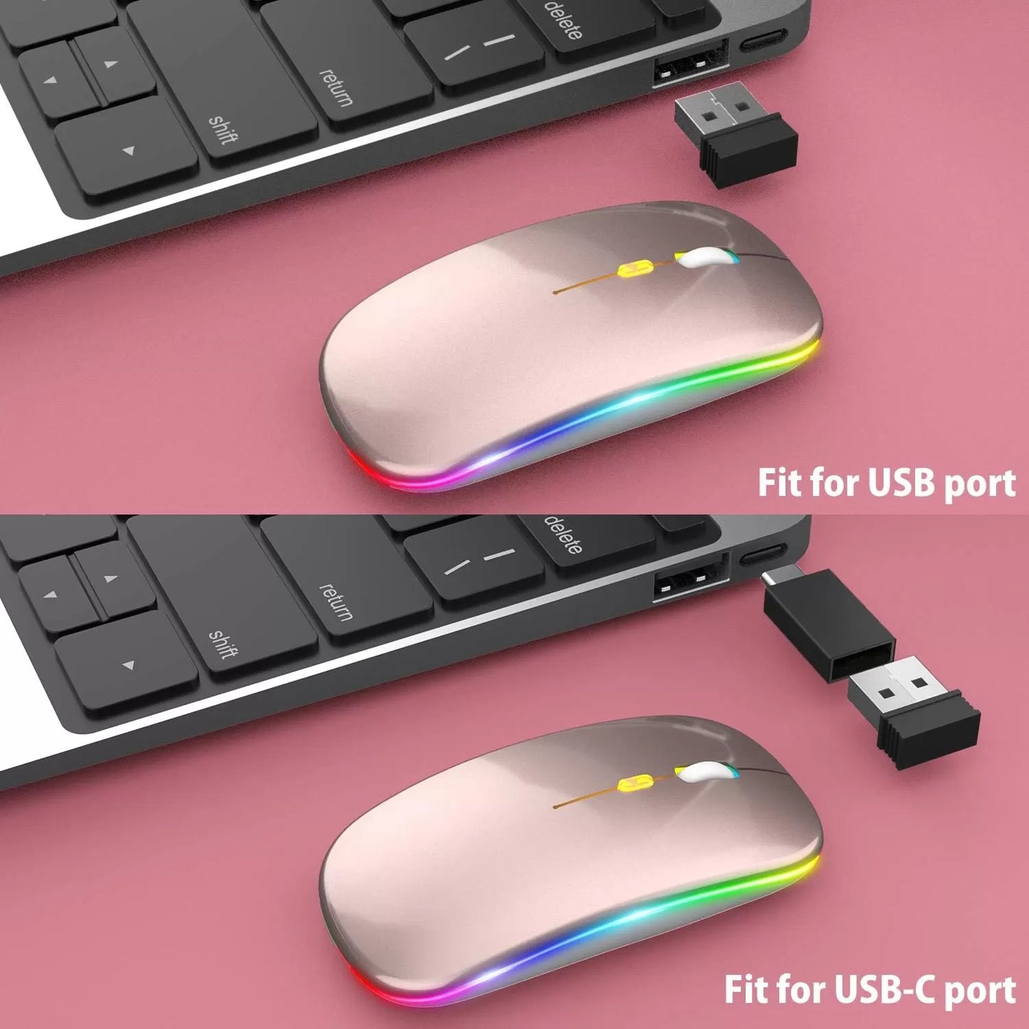 [Upgrade] LED Wireless Mouse, Slim Silent Mouse 2.4G Portable Mobile Optical Office Mouse with USB & Type-c Receiver, 3 Adjustable DPI Levels for Notebook, PC, Laptop, Computer, MacBook (Pink)