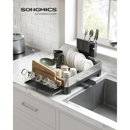 SONGMICS Dish Drying Rack, Stainless Steel Dish Rack with Rotatable Spout, Drainboard, for Kitchen