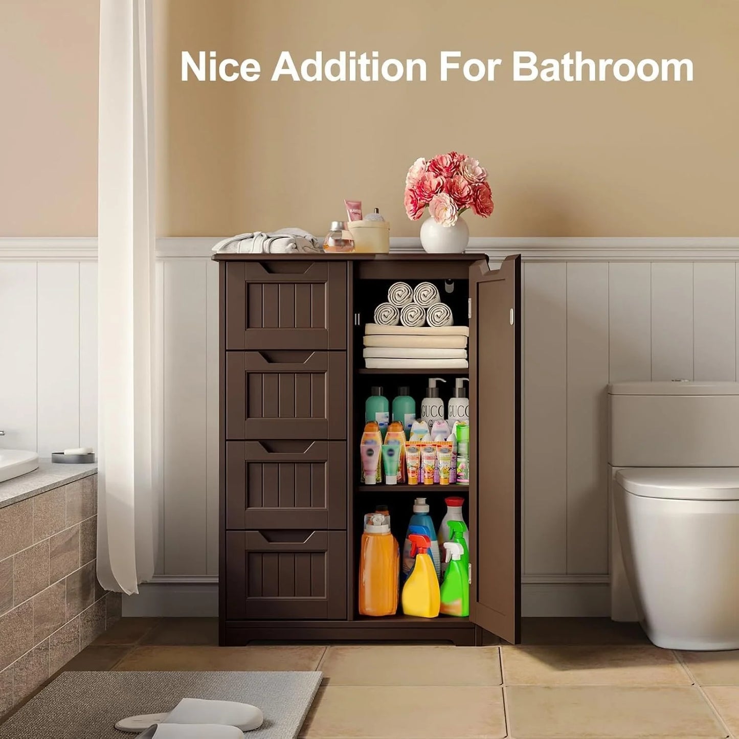 Bathroom Floor Storage Cabinet, Free-Standing Floor Storage Cabinet with 4 Draws and Adjustable Shelf
