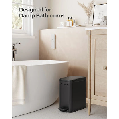 Stainless Steel Slim Bathroom Trash Can with Soft-Close Lid and Plastic Removable Inner Bucket