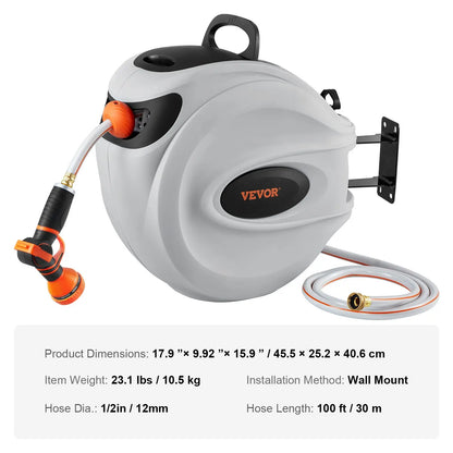 Retractable Hose Reel, Various specifications, 100'x1/2" 180° Swivel with 9-Pattern Nozzle, Automatic Rewind, Lock at Any Length, Slow Return System
