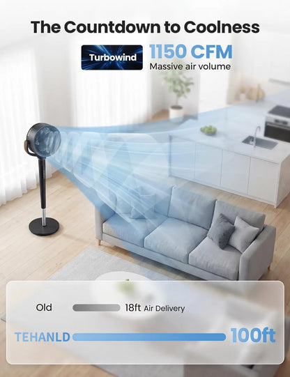 TEHANLD Fan for Bedroom, 120° Oscillating Standing Fans, Quiet Floor Fan with DC Motor, 100ft Pedestal Fans for Room, 16 Speeds, 4 modes, 20dB, 37-45" Adjustable Height, 12H Timer，With ambient lighting