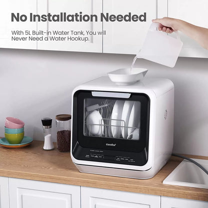 COMFEE' Portable Dishwasher Countertop, Mini Dishwasher with 5L Built-in Water Tank, No Hookup Needed, 6 Programs, 360° Dual Spray, 192°F High-Temp& Air-Dry Function, Dishwasher for Apartments& RVs