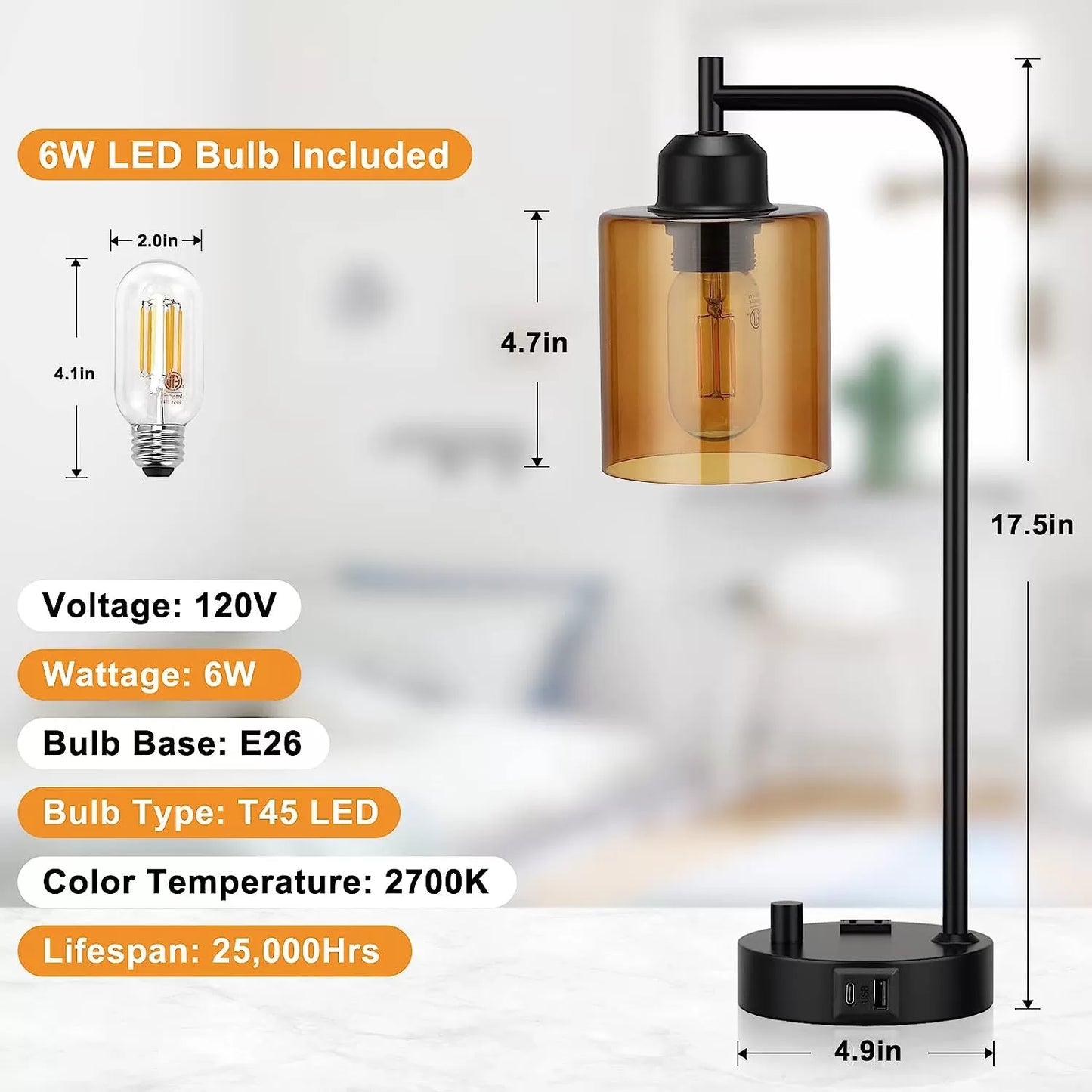 Industrial Bedside Table Lamp for Bedroom - Nightstand Lamps with USB C Charging Port, Fully Dimmable Black Lamps with USB Ports and Outlets, Small Desk Lamp with Glass Shade for Office Living Room