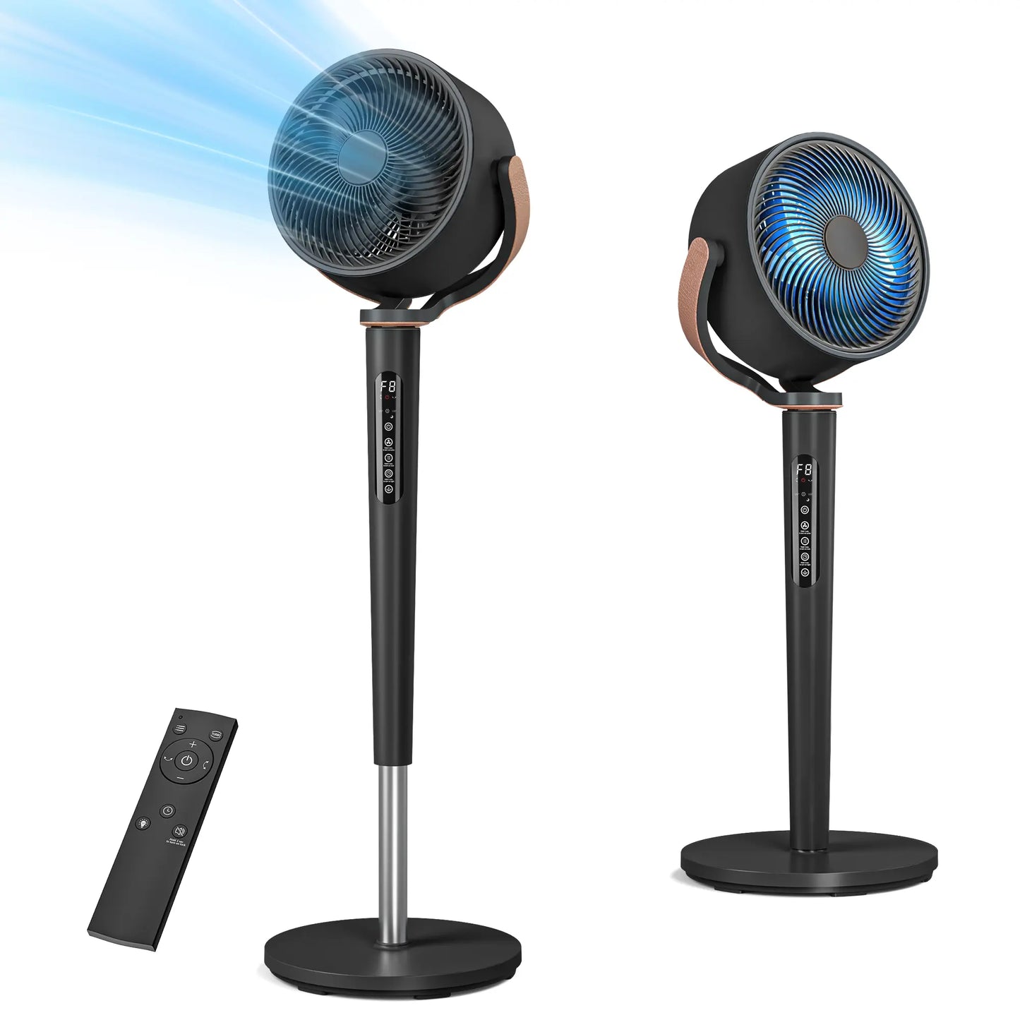 TEHANLD Fan for Bedroom, 120° Oscillating Standing Fans, Quiet Floor Fan with DC Motor, 100ft Pedestal Fans for Room, 16 Speeds, 4 modes, 20dB, 37-45" Adjustable Height, 12H Timer，With ambient lighting