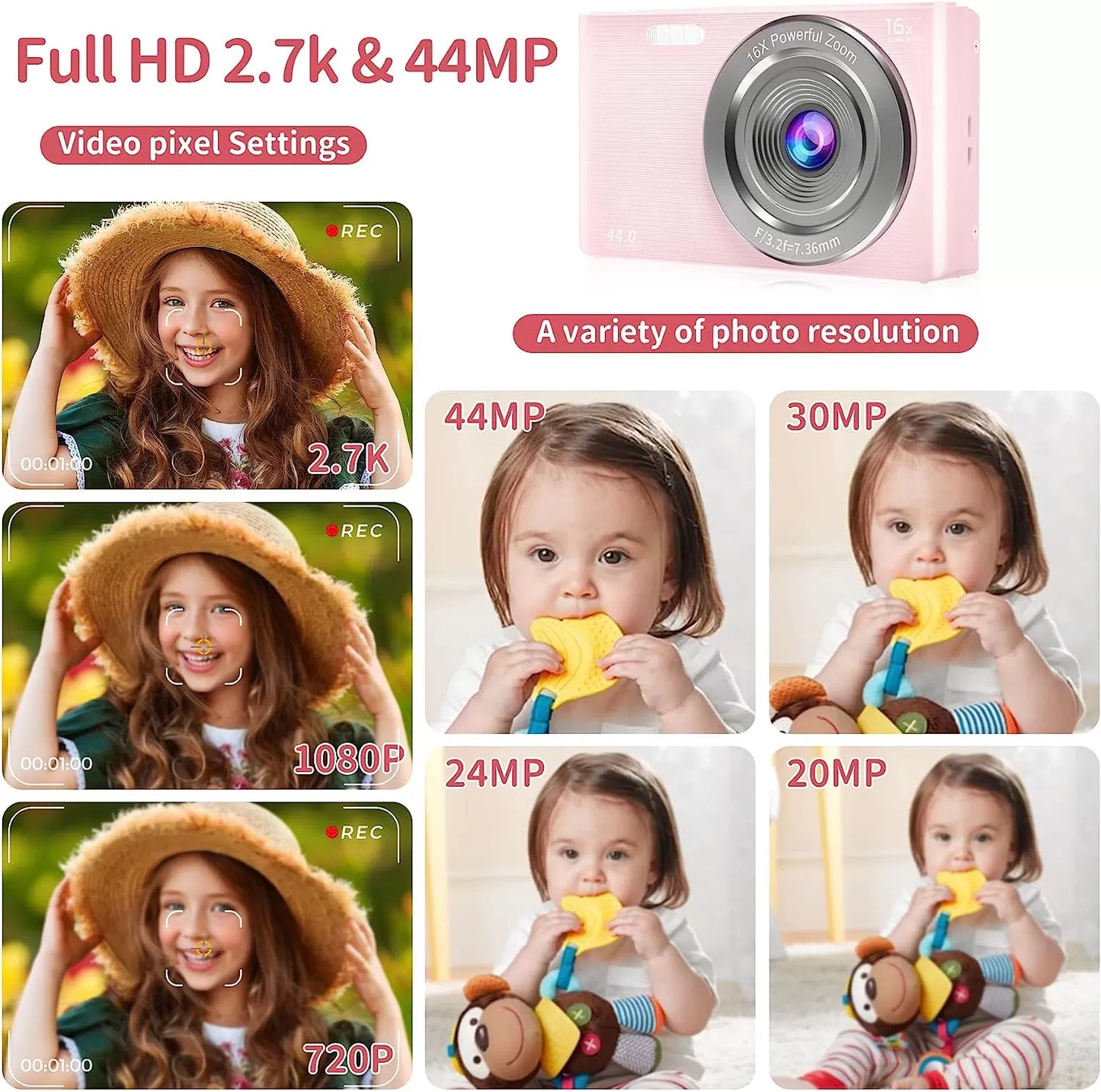 Saneen Digital Camera, FHD 2.7K Cameras for Photography, 44MP Kids Camera Small Compact Digital Camera for Teens, Adults & Beginners with 32GB SD Card, 16X Zoom, Two Rechargeable Batteries-Pink