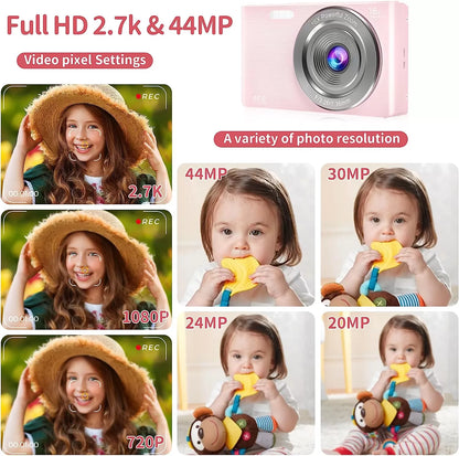 Saneen Digital Camera, FHD 2.7K Cameras for Photography, 44MP Kids Camera Small Compact Digital Camera for Teens, Adults & Beginners with 32GB SD Card, 16X Zoom, Two Rechargeable Batteries-Pink