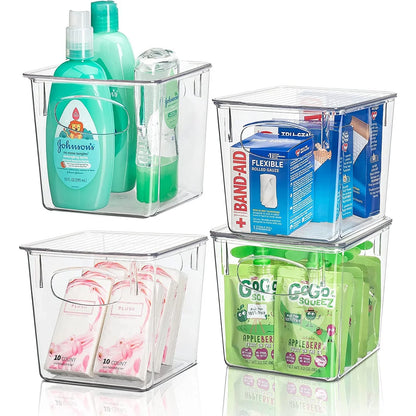 Sorbus Clear Plastic Organizer Storage Bin Containers with Handle and Lid for Pantry Food & Kitchen Fridge (4-Pack)