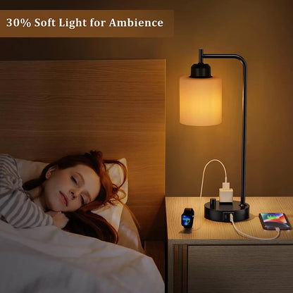 Industrial Bedside Table Lamp for Bedroom - Nightstand Lamps with USB C Charging Port, Fully Dimmable Black Lamps with USB Ports and Outlets, Small Desk Lamp with Glass Shade for Office Living Room