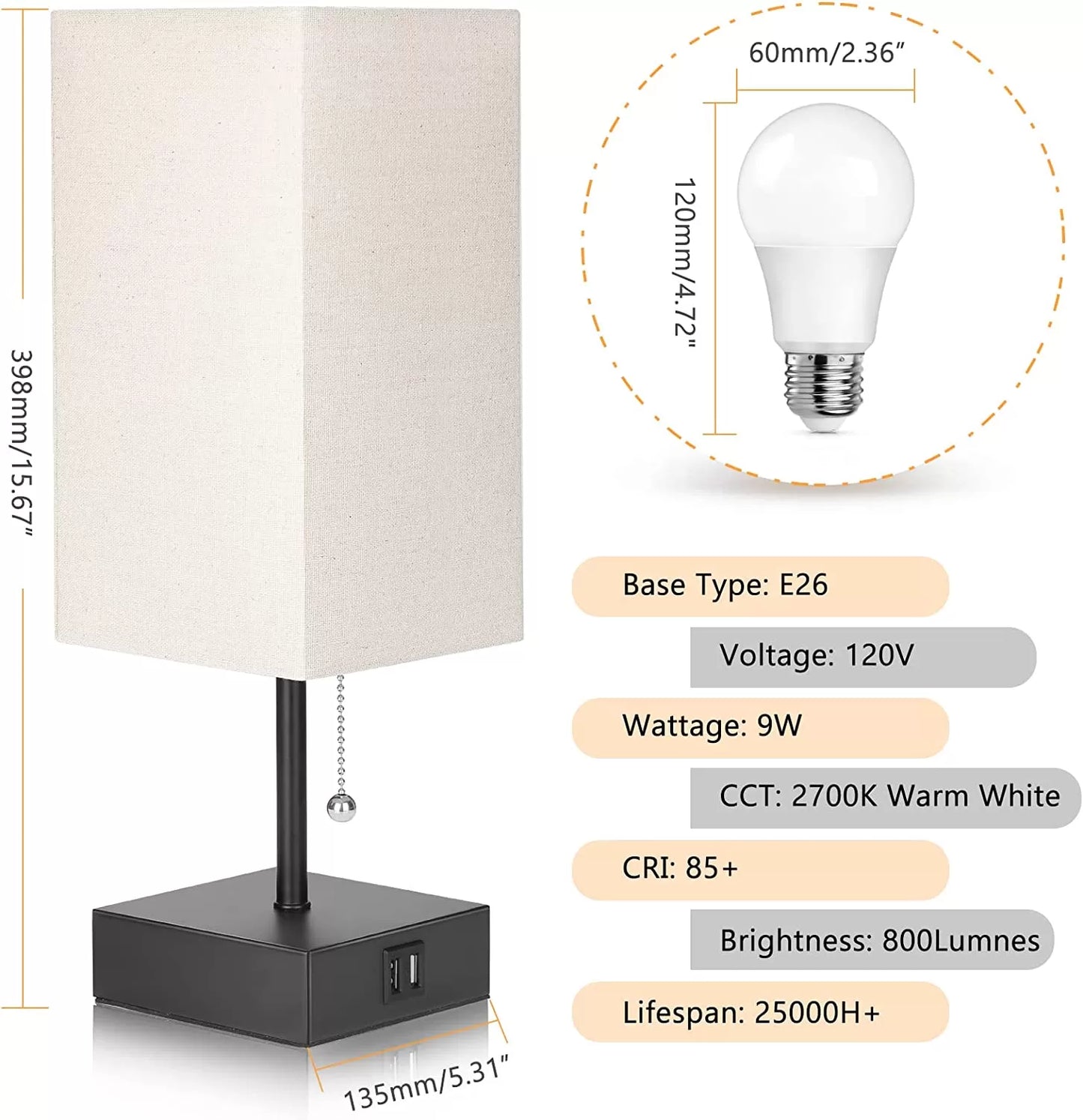 GGOYING Bedside Table Lamp, Pull Chain Table Lamp with Dual USB Charging Ports, 2700K LED Bulb, Fabric Linen Lampshade, Nightstand Lamp for Livingroom Bedroom Office Reading Working