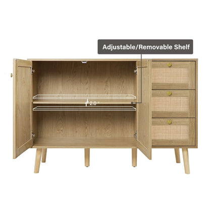Anmytek Mid-Century Modern 2-Door Wood Rattan Buffet Sideboard Kitchen Storage Cabinet with 3 Drawers