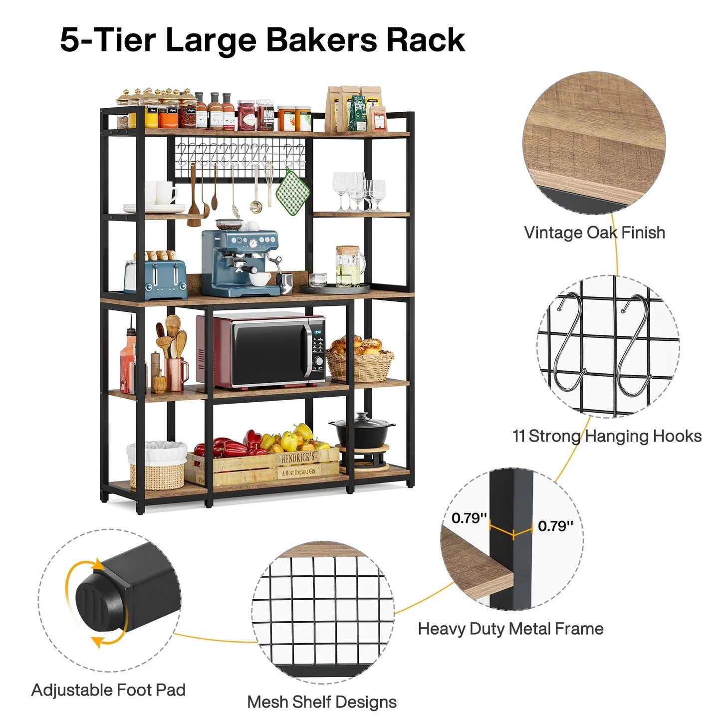 5-Tier Large Kitchen Bakers Rack, 55" Storage Shelf with 11 Hooks