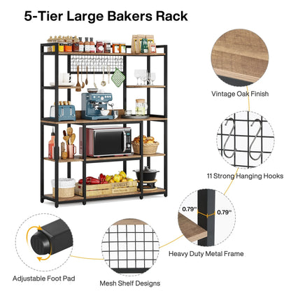 5-Tier Large Kitchen Bakers Rack, 55" Storage Shelf with 11 Hooks