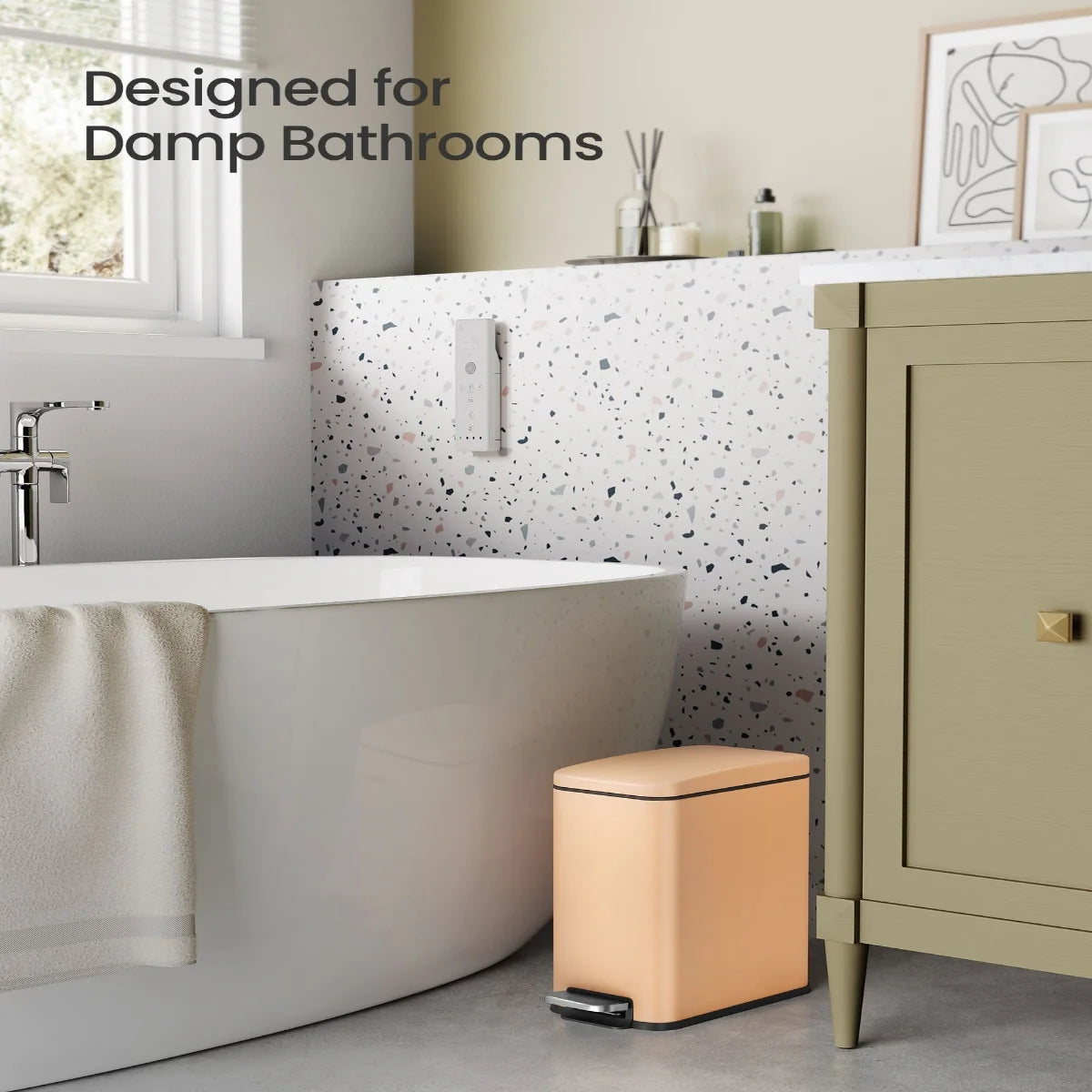 Stainless Steel Slim Bathroom Trash Can with Soft-Close Lid and Plastic Removable Inner Bucket