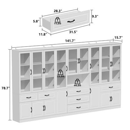 78.7"Modular White Curio Bookcase Cabinet w/Glass Doors Buffet Display